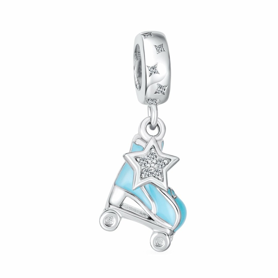 Shop Women Bling Jewelry Sports Beads | Sports Blue Roller Skates Dangling Bead Charm .925 Silver