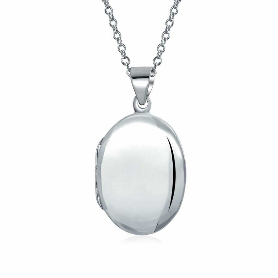 Shop Women Bling Jewelry Engravable Necklaces | Simple Dome Oval Photo Locket Hold Pictures Polished Silver Pendant