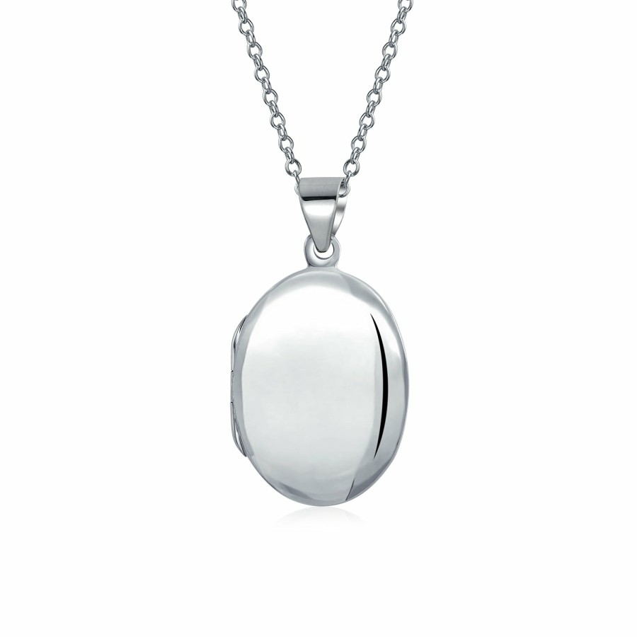 Shop Women Bling Jewelry Engravable Necklaces | Simple Dome Oval Photo Locket Hold Pictures Polished Silver Pendant