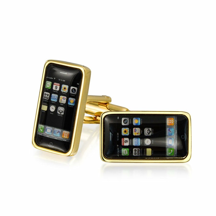 Shop Men Bling Jewelry Cufflinks | Black Cell Smart Phone Texting Cufflinks Gold Plated Stainless Steel