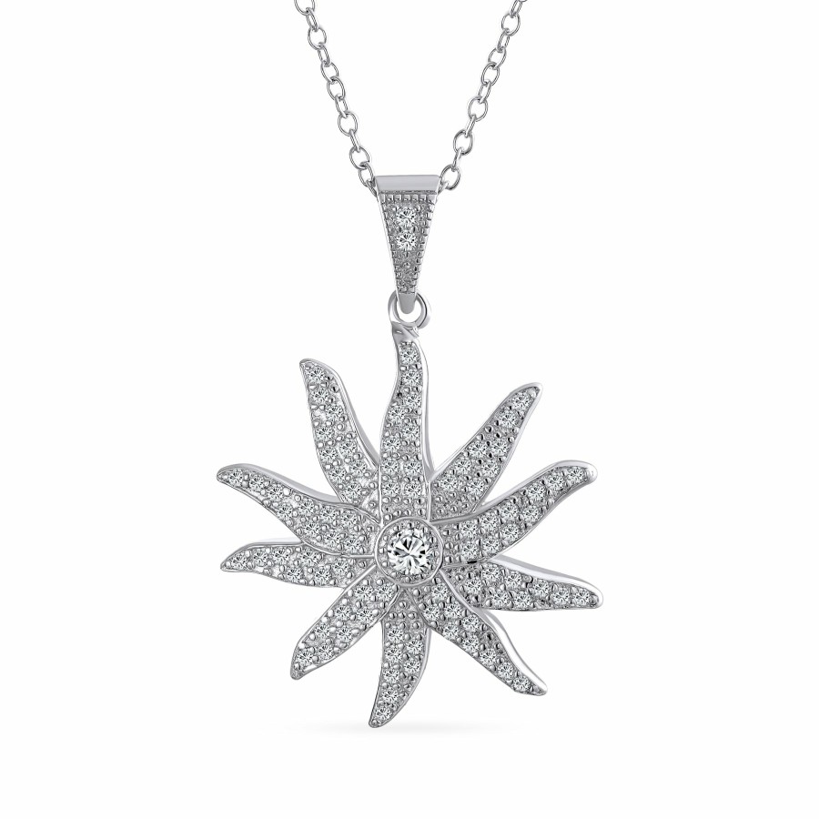 Shop Women Bling Jewelry Pendant Necklaces | Sunburst Sun Ray Cz Pendant .925 Sterling Silver Pendant Necklace