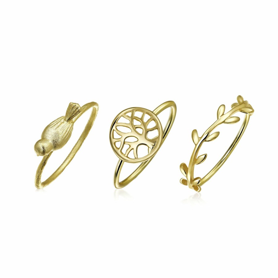 Shop Women Bling Jewelry Delicate Midi Rings | Western Bird Tree Of Life Leaf Midi Ring Set Gold Plated .925 Silver