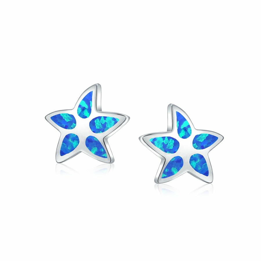 Shop Women Bling Jewelry | Blue Created Opal Inlay Starfish Stud Earrings Sterling Silver