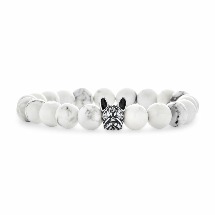 Shop Women Bling Jewelry Wrap Stretch Bracelets | Pet French Bulldog White Howlite Bead Stretch Bracelet Silver Plated