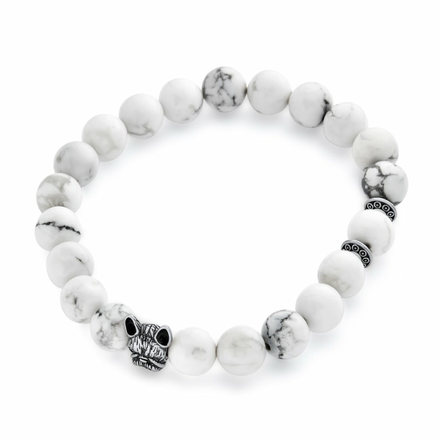 Shop Women Bling Jewelry Wrap Stretch Bracelets | Pet French Bulldog White Howlite Bead Stretch Bracelet Silver Plated