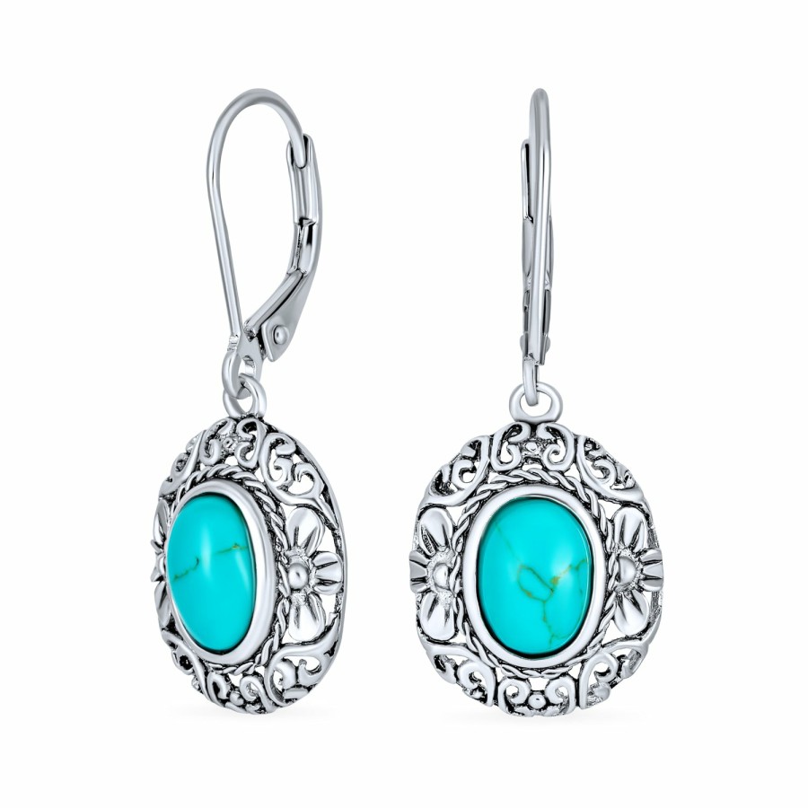 Shop Women Bling Jewelry Dangle Drop Earrings | Vintage Boho Turquoise Milgrain Oval Drop Western Earrings .925 Silver