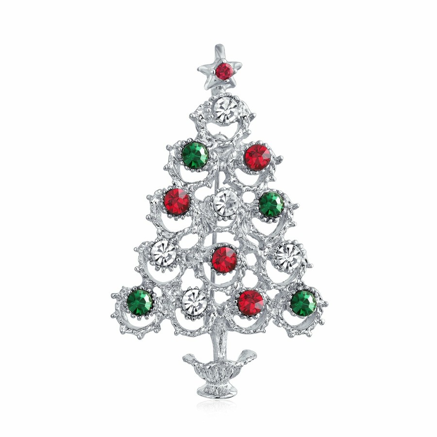 Shop Women Bling Jewelry Pins & Brooches | Crystal White Red Green Large Decorated Christmas Tree Brooch Pin