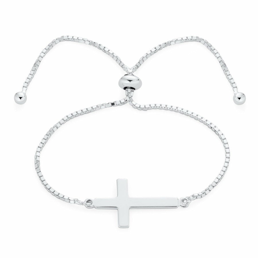 Shop Women Bling Jewelry Delicate Bracelets | Simple Religious Horizonal Sideways Cross Bracelet .925Sterling Silver