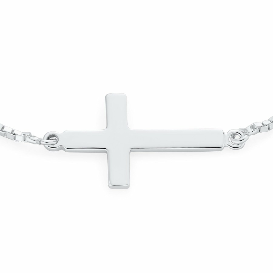 Shop Women Bling Jewelry Delicate Bracelets | Simple Religious Horizonal Sideways Cross Bracelet .925Sterling Silver