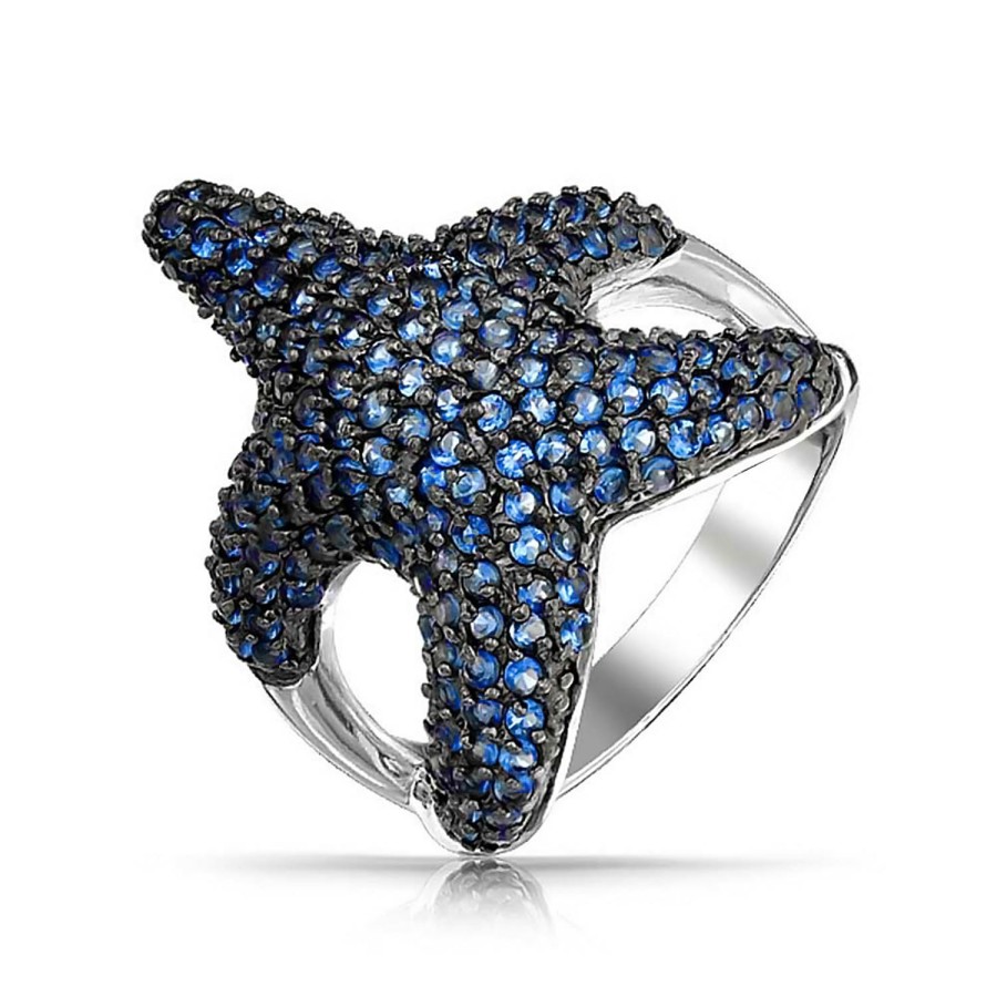 Shop Women Bling Jewelry Statement Cocktail Rings | Pave Navy Blue Cz Large Starfish Ring Pave Black Silver Plated Brass