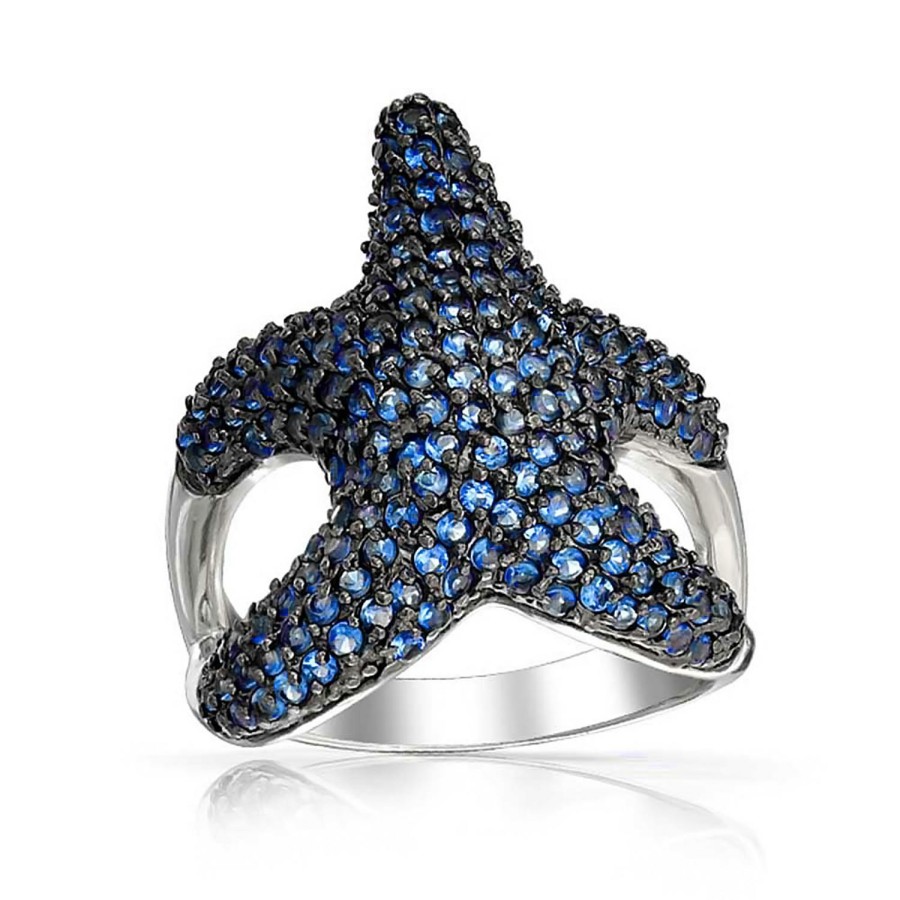 Shop Women Bling Jewelry Statement Cocktail Rings | Pave Navy Blue Cz Large Starfish Ring Pave Black Silver Plated Brass