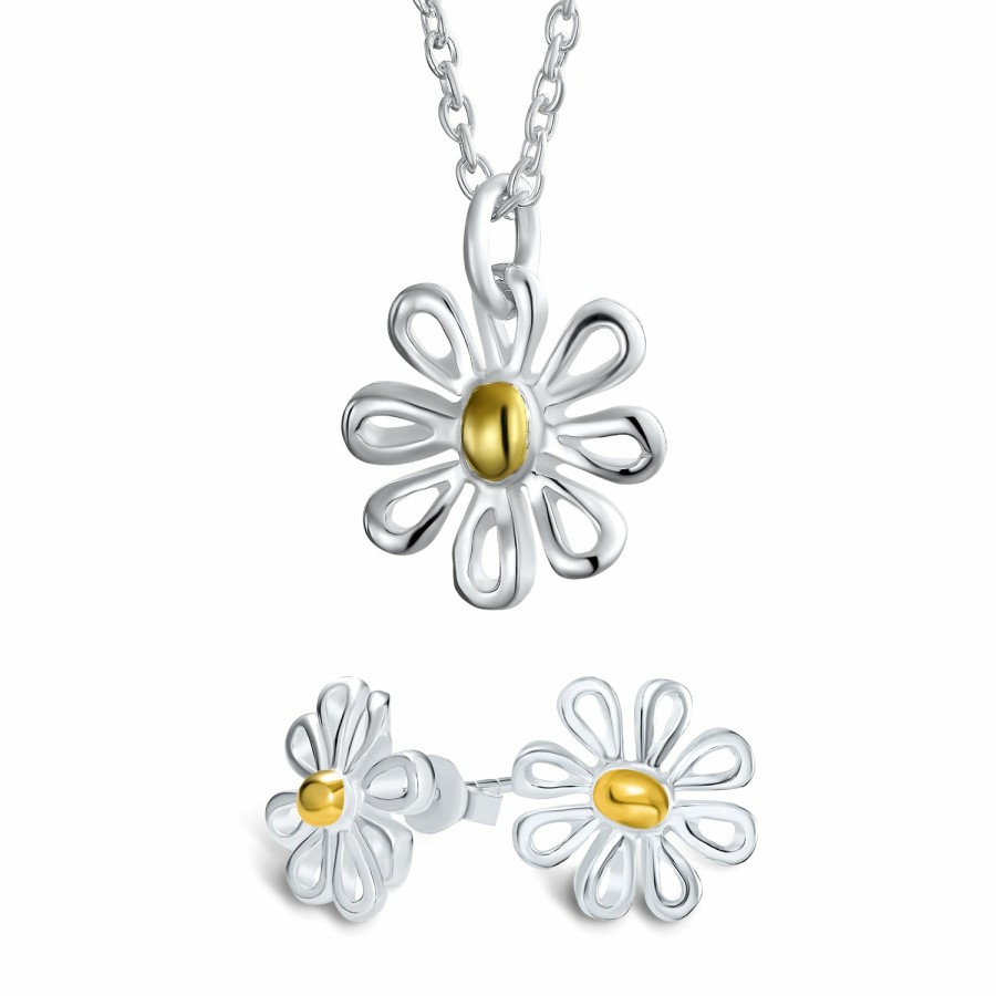 Shop Women Bling Jewelry Stud Earrings | 2-Tone Sunflower Daisy Jewelry Flower Earrings Bracelet Pendant Silver