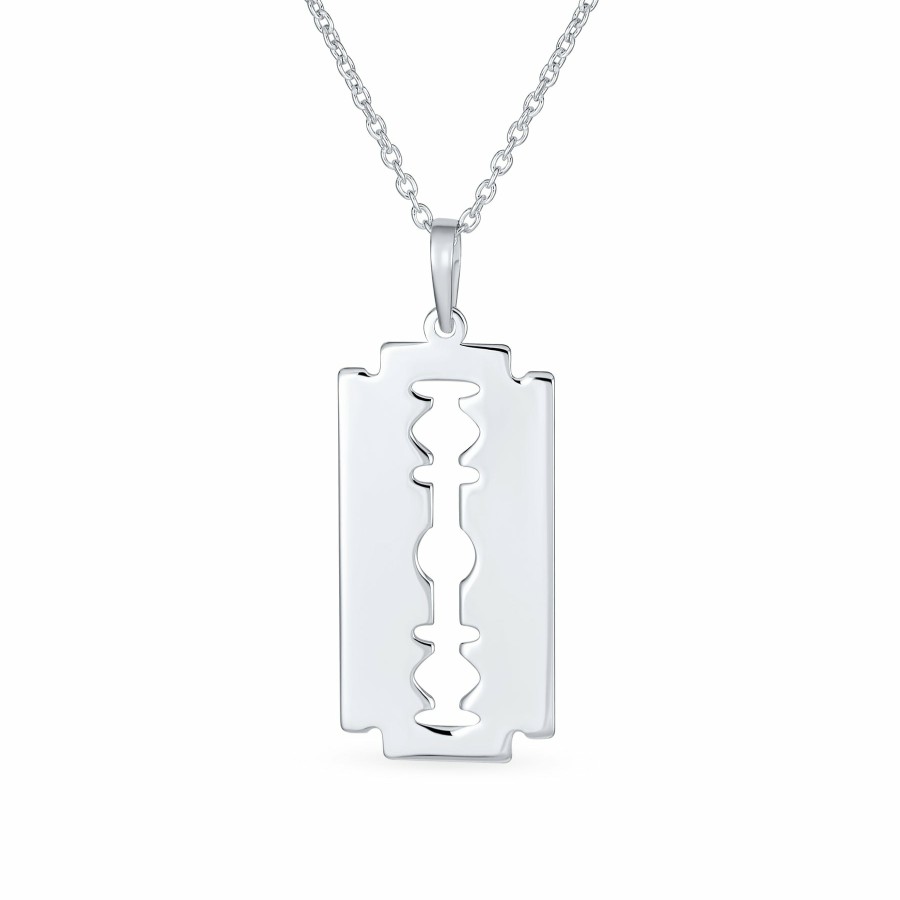 Shop Men Bling Jewelry Mens Necklace Chains | Urban Rocker Razor Blade Dog Tag Necklace Pendant .925Sterling Silver