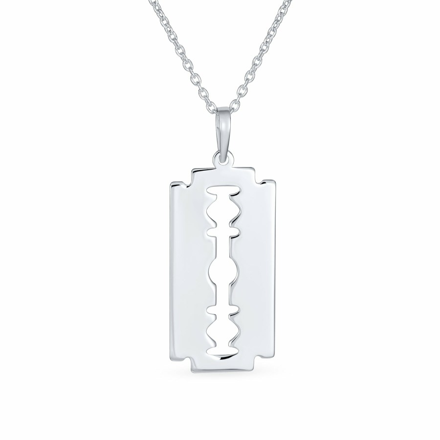 Shop Men Bling Jewelry Mens Necklace Chains | Urban Rocker Razor Blade Dog Tag Necklace Pendant .925Sterling Silver