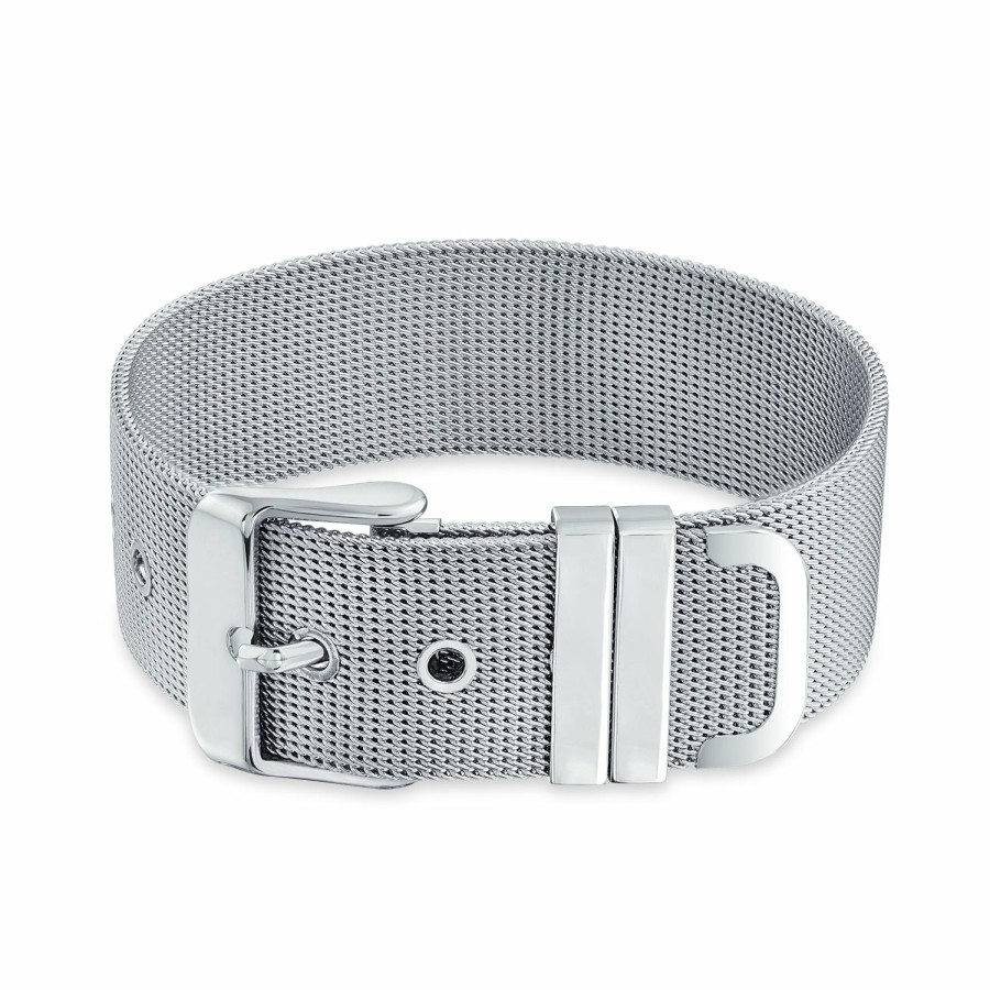 Shop Women Bling Jewelry Cuff Bangle Bracelets | Wide Belt Buckle Mesh Wrist Band Bracelet Silver Tone Stainless Steel