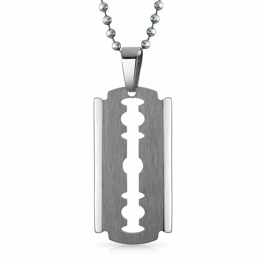 Shop Men Bling Jewelry Mens Pendants & Dog Tags | Razor Blade Dog Tag Necklace Pendant Silver Gold Edge Stainless