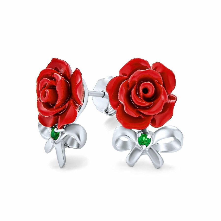 Shop Women Bling Jewelry Stud Earrings | 3D Cz Bow Red Rose Flower Ladybug Cuff Bracelet Stud Earrings Silver