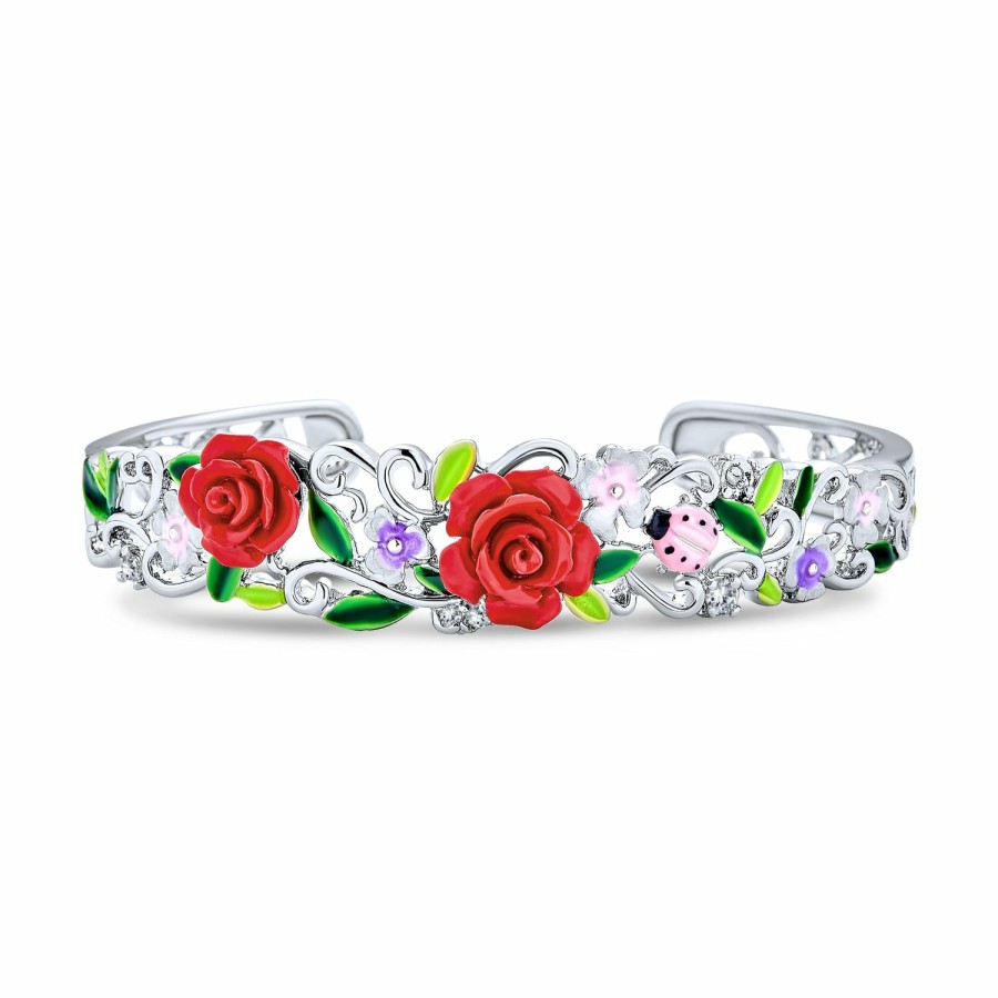 Shop Women Bling Jewelry Stud Earrings | 3D Cz Bow Red Rose Flower Ladybug Cuff Bracelet Stud Earrings Silver