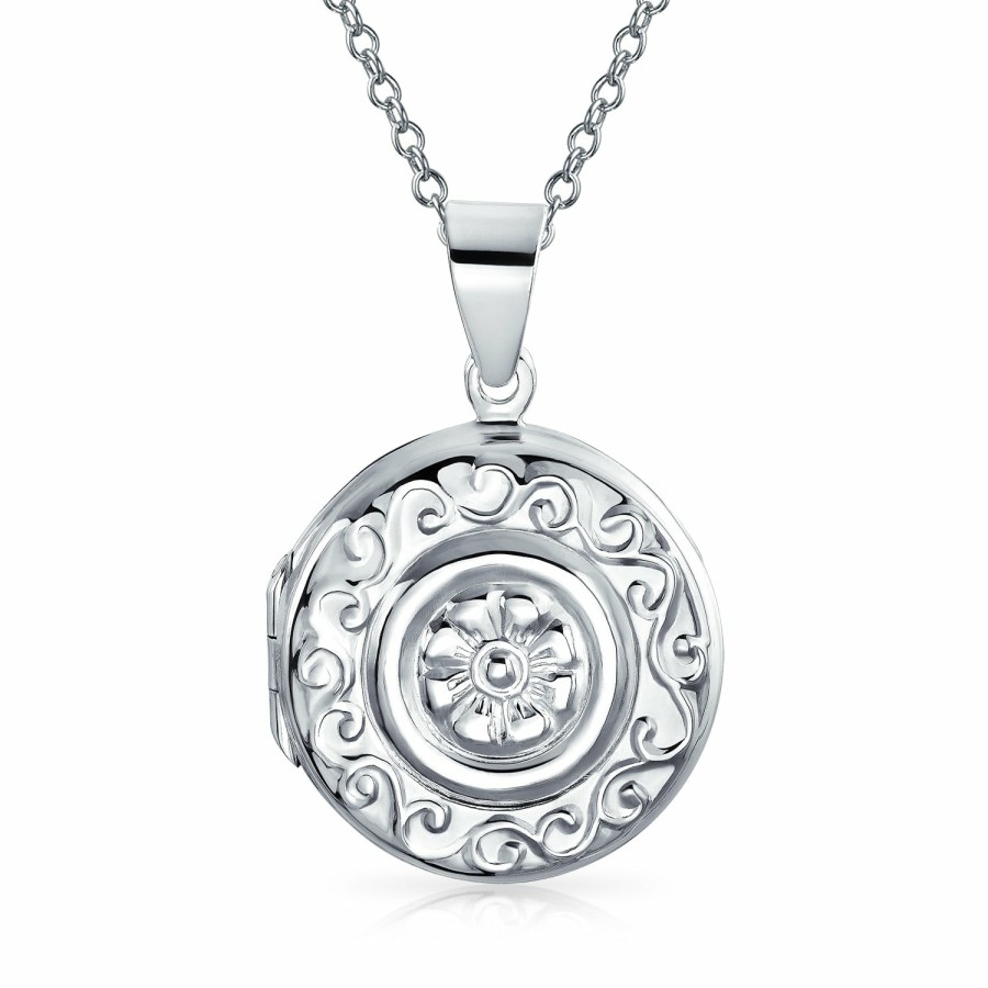 Shop Women Bling Jewelry Engravable Necklaces | Sun Flower Photo Round Oval Locket Hold Pictures .925 Silver Necklace