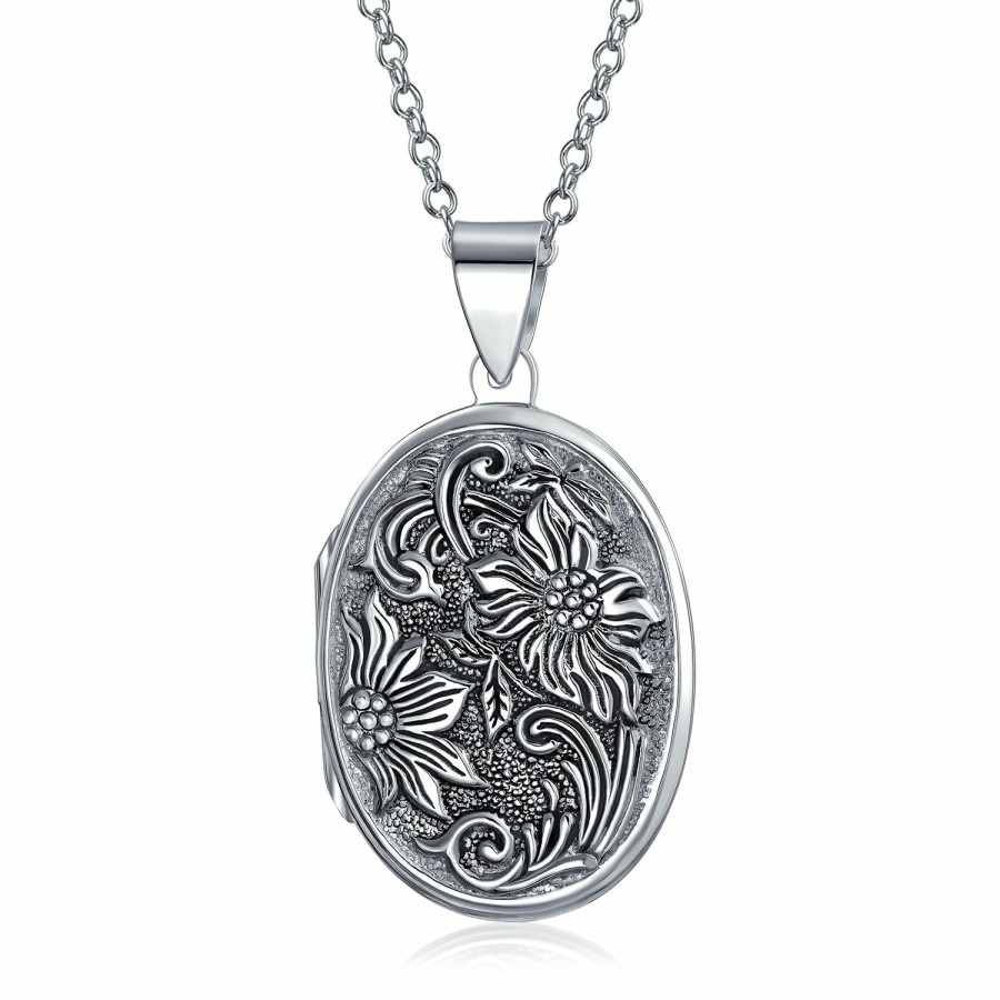 Shop Women Bling Jewelry Engravable Necklaces | Sun Flower Photo Round Oval Locket Hold Pictures .925 Silver Necklace