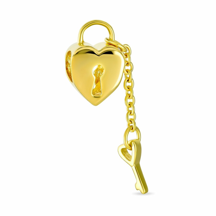 Shop Women Bling Jewelry Love Heart Beads | Heart Shaped Lock Love Gold Plated Key Charm Bead .925 Sterling