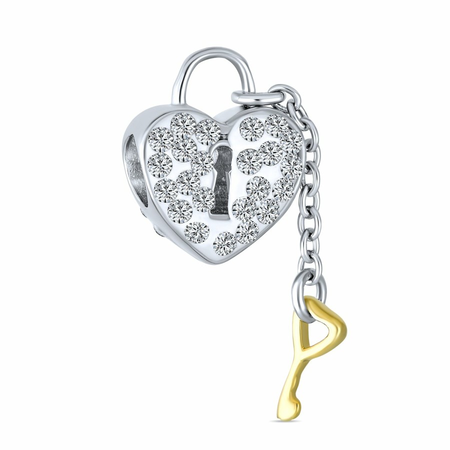 Shop Women Bling Jewelry Love Heart Beads | Heart Shaped Lock Love Gold Plated Key Charm Bead .925 Sterling