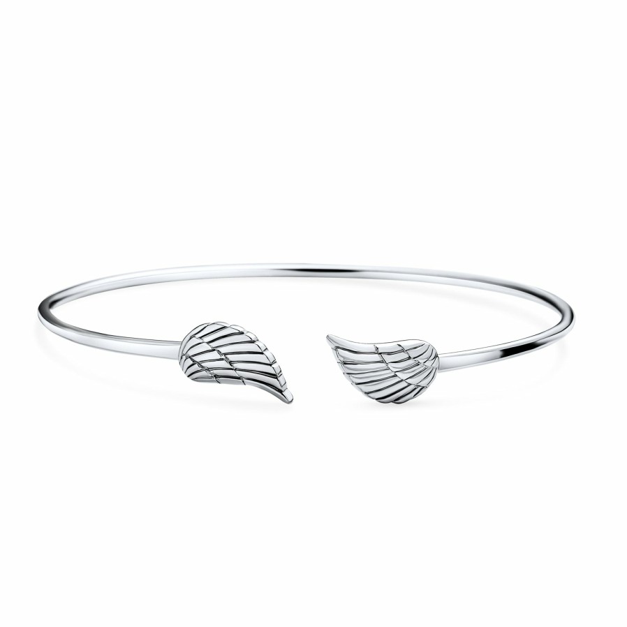 Shop Women Bling Jewelry Cuff Bangle Bracelets | Thin Angel Wing Feather Bangle Cuff Bracelet High .925 Sterling Silver