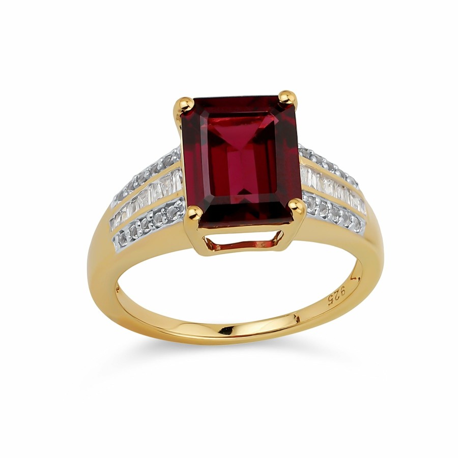 Shop Women Bling Jewelry Engravable Rings | Statement Amethyst Garnet Ring Gold Plated .925 Silver Cushion Emerald Cut