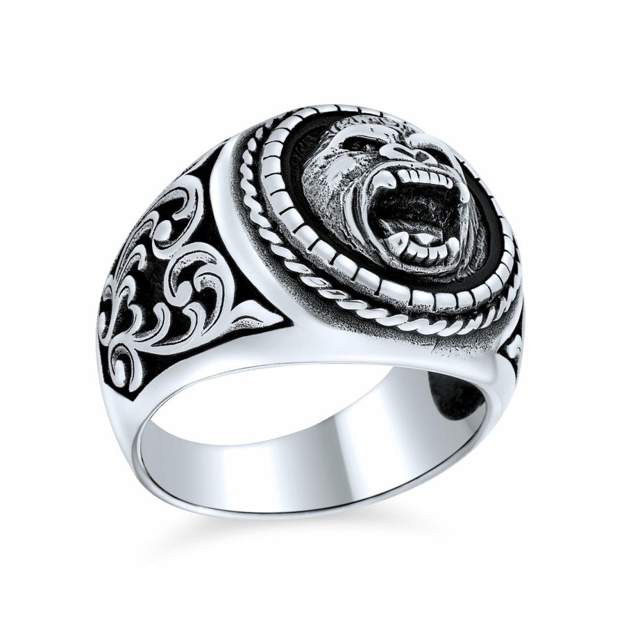 Shop Men Bling Jewelry Mens Rings | Mens Big Jungle Ape Gorilla Head Signet Ring Solid .925 Sterling Silver