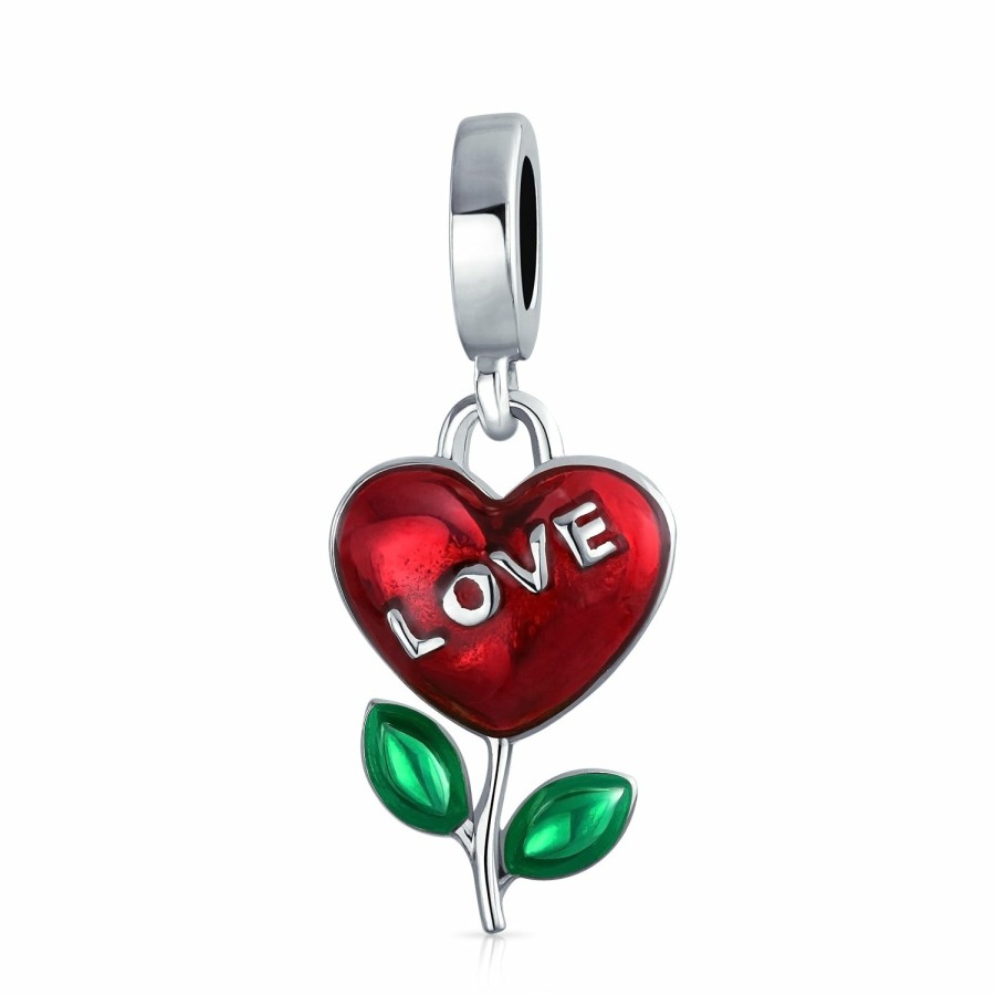 Shop Women Bling Jewelry Flower Beads | Love Grows Flower Plant Red Heart Dangle Charm Bead Sterling Silver