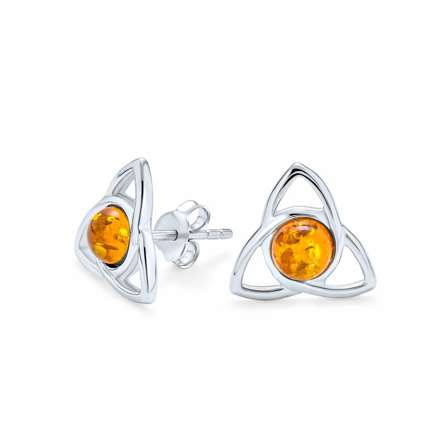 Shop Women Bling Jewelry Stud Earrings | Triquetra Celtic Trinity Knot Amber Stud Earrings .925Sterling Silver