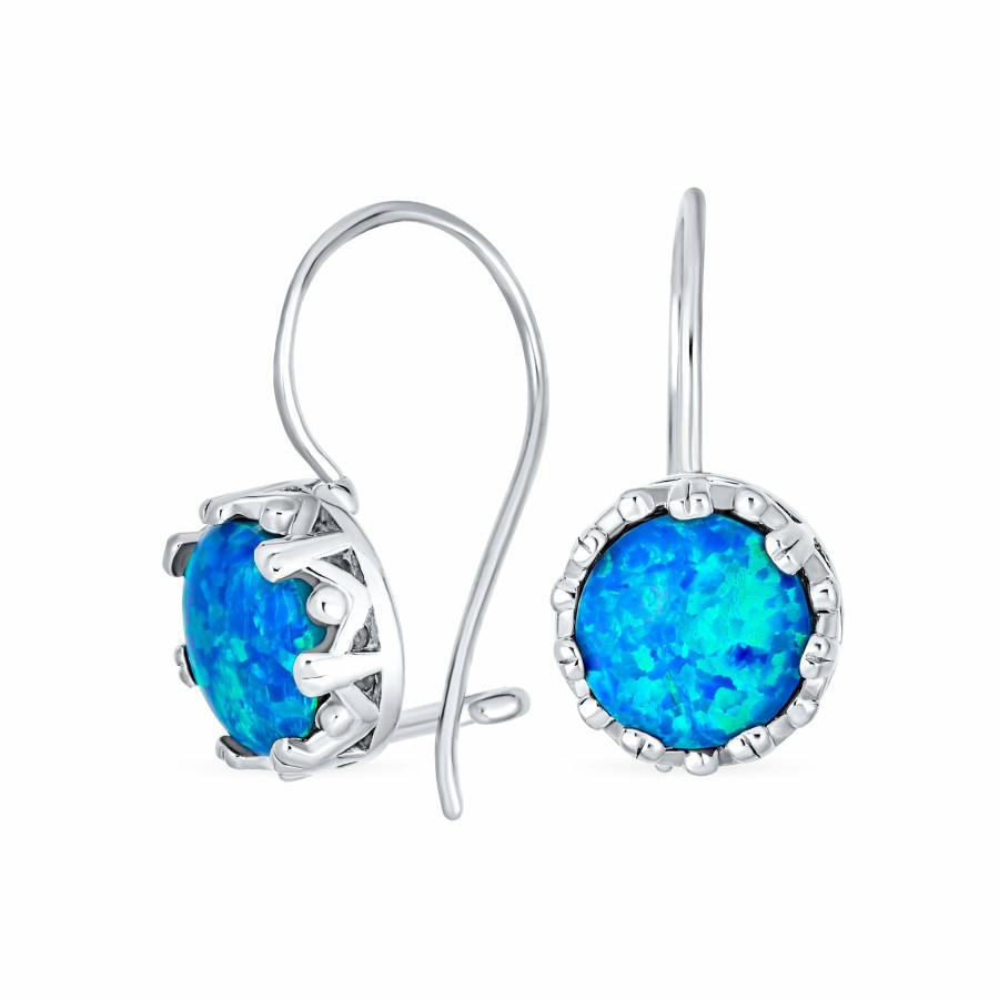 Shop Women Bling Jewelry Dangle Drop Earrings | Vintage Crown Set Solitaire Blue Opal Drop Earrings French Wire .925 Silver