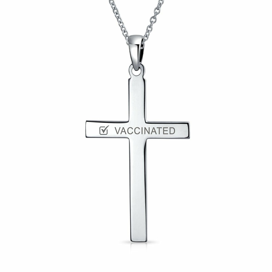 Shop Men Bling Jewelry Mens Engravable Necklaces | Vaccinated Large Men'S Cross Religious Pendant .925Sterling Silver