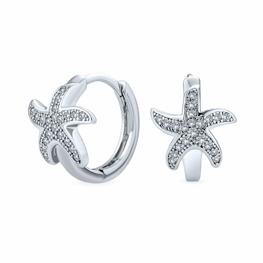 Shop Women Bling Jewelry Hoops Huggies Earrings | Starfish Hoop Earrings Pave Cubic Zirconia .925 Sterling Silver