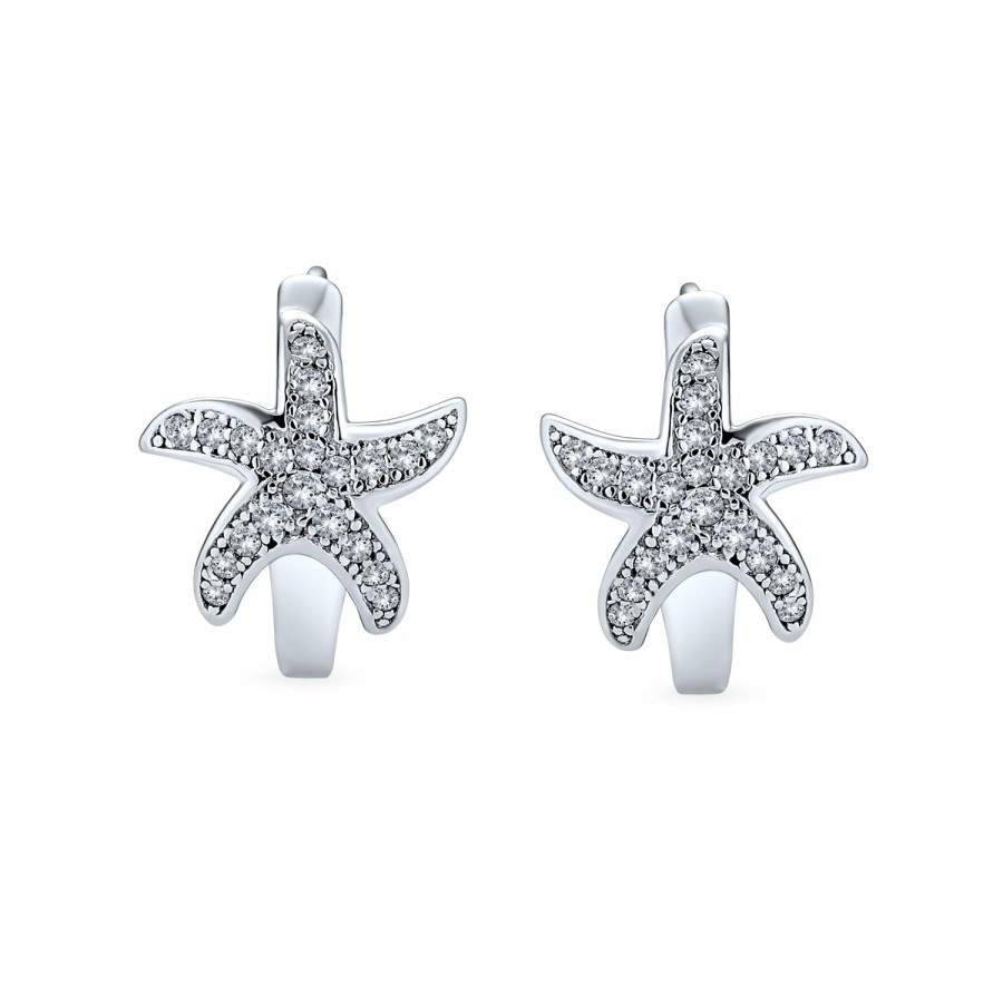 Shop Women Bling Jewelry Hoops Huggies Earrings | Starfish Hoop Earrings Pave Cubic Zirconia .925 Sterling Silver