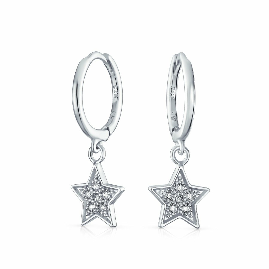 Shop Women Bling Jewelry Hoops Huggies Earrings | Cz Circle Patriotic Charm Star Huggie Dangle Earrings Sterling