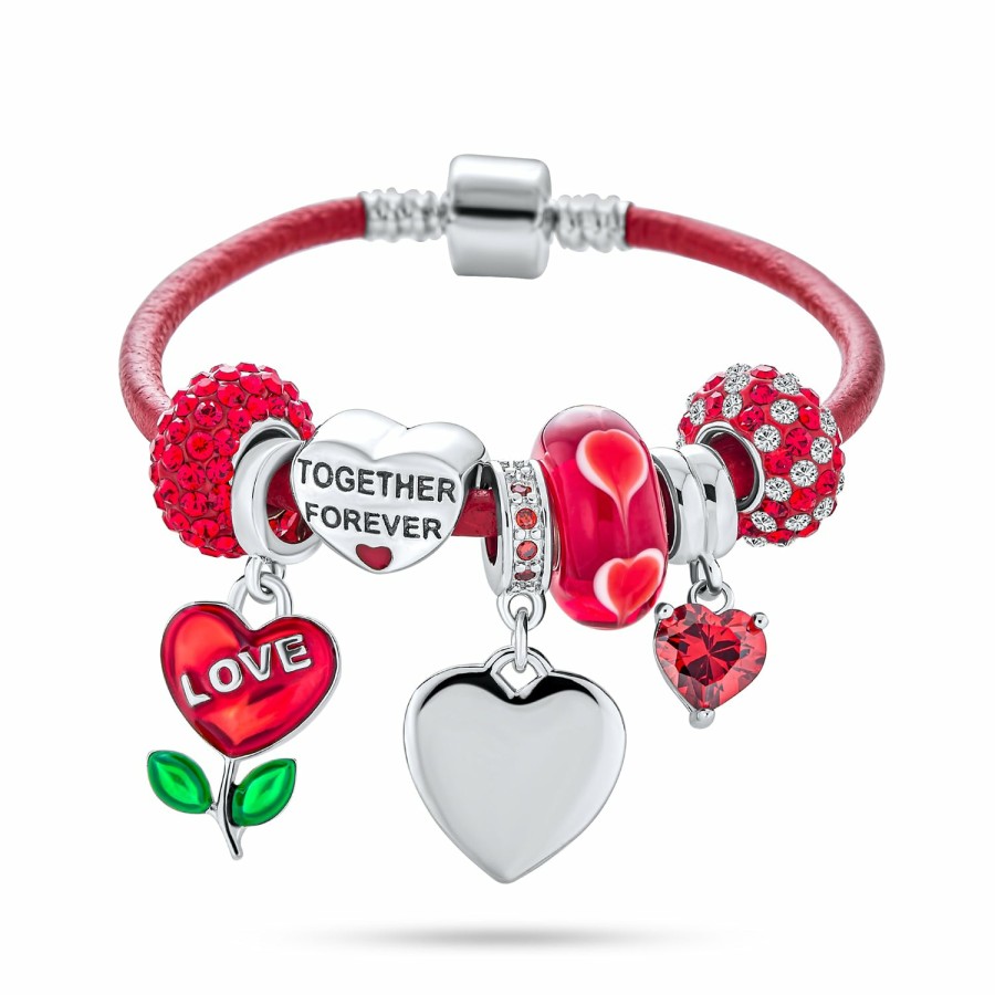 Shop Women Bling Jewelry Charm Bracelets | Kiss Lip Valentines Heart Wife Mom Bead Charm Bracelet .925 Silver