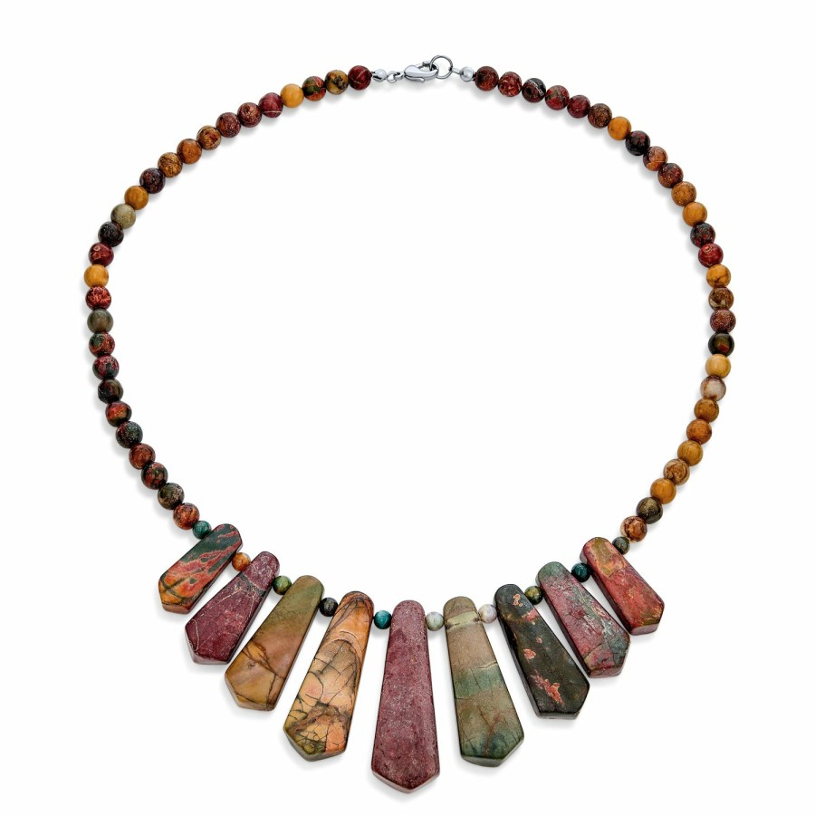 Shop Women Bling Jewelry Statement Necklaces | Natural Agate Jasper Earth Tone Tribal Fan Bib Statement Necklace