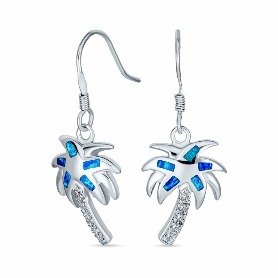 Shop Women Bling Jewelry Dangle Drop Earrings | Created Blue Opal Palm Tree French Wire Earrings .925 Sterling Silver