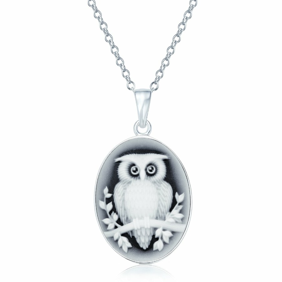 Shop Women Bling Jewelry Pendant Necklaces | Vintage Style Black Oval Wise Owl Cameo Pendant Necklace .925 Silver