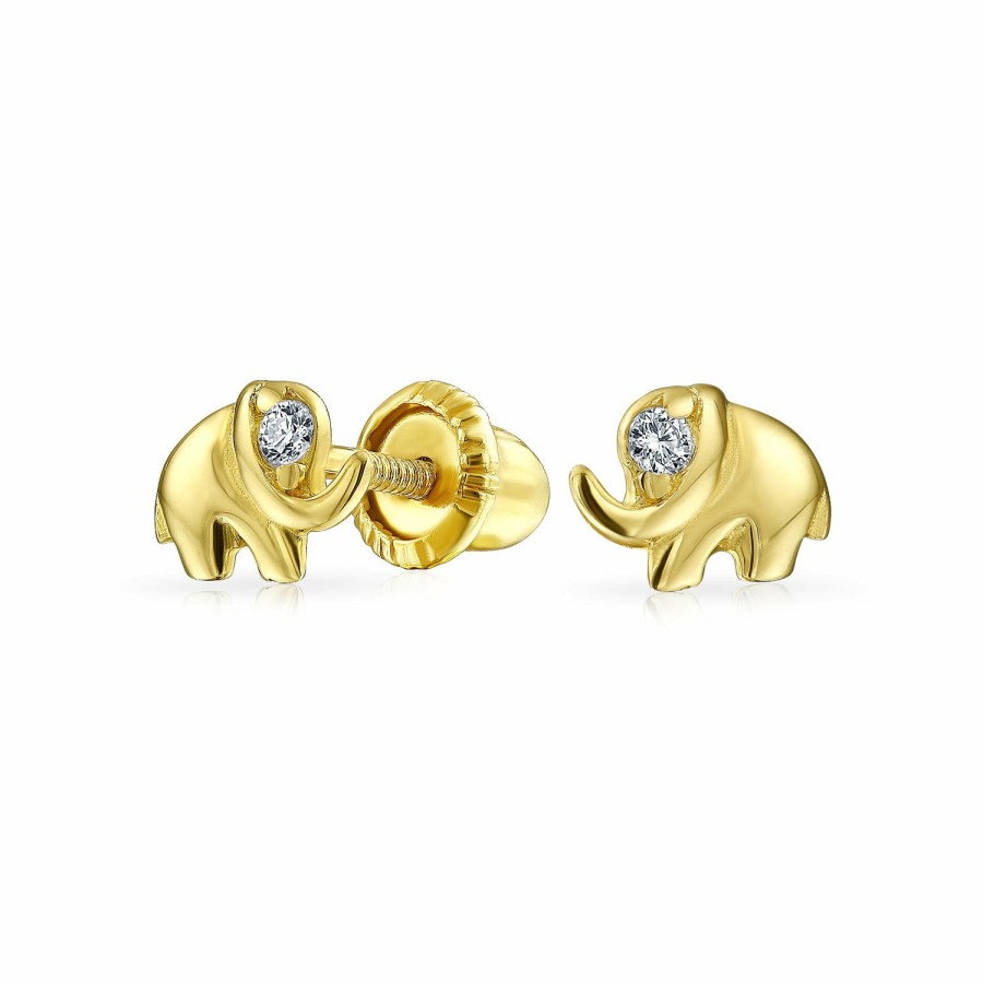 Shop Women Bling Jewelry Ear Piercing | Minimalist Cz Lucky Elephant Stud Earrings Real 14K Gold Screw Back