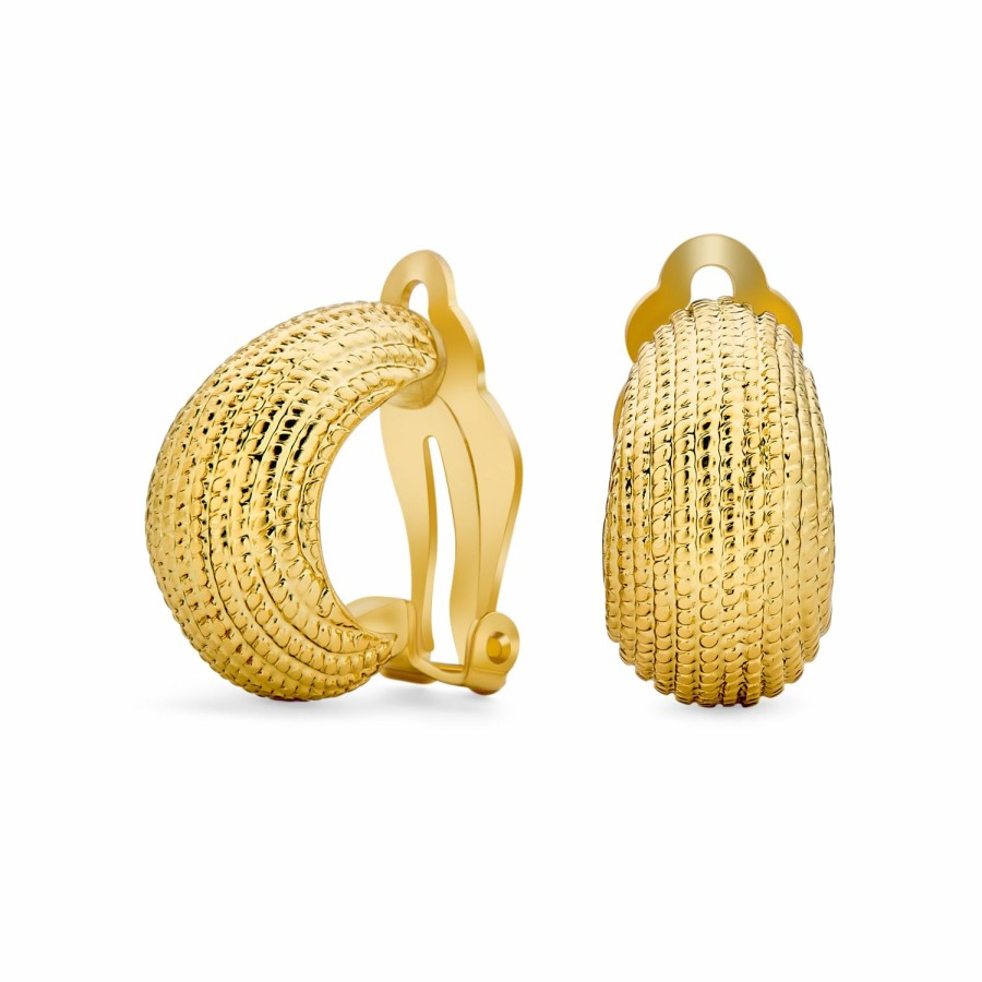 Shop Women Bling Jewelry Clip On Earrings | Ribbed Cable Rope Wide Dome Half Hoop Clip On Earring Gold Plated