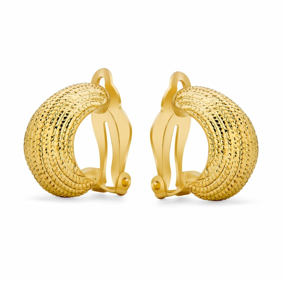 Shop Women Bling Jewelry Clip On Earrings | Ribbed Cable Rope Wide Dome Half Hoop Clip On Earring Gold Plated