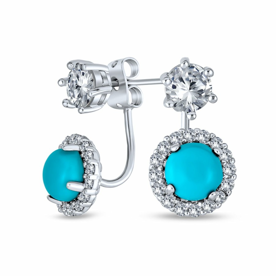 Shop Women Bling Jewelry Ear Cuffs, Cartilage Earrings | Blue Turquoise Halo Cz Prom Ear Jacket Earrings Silver Plated Aqua