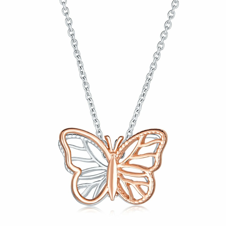 Shop Women Bling Jewelry Pendant Necklaces | Open 3D Butterfly Necklace Cut Out Dangling Pendant Rose Silver