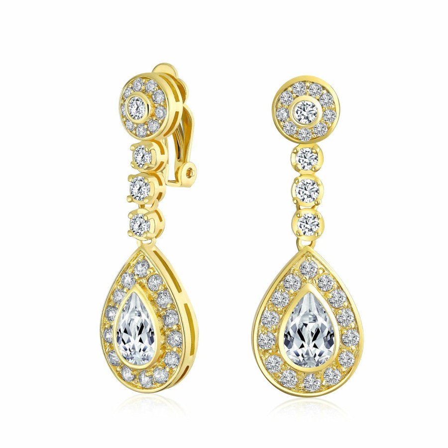 Shop Women Bling Jewelry Clip On Earrings | Teardrop Halo Cz Dangle Prom Statement Earrings Gold Silver Plated