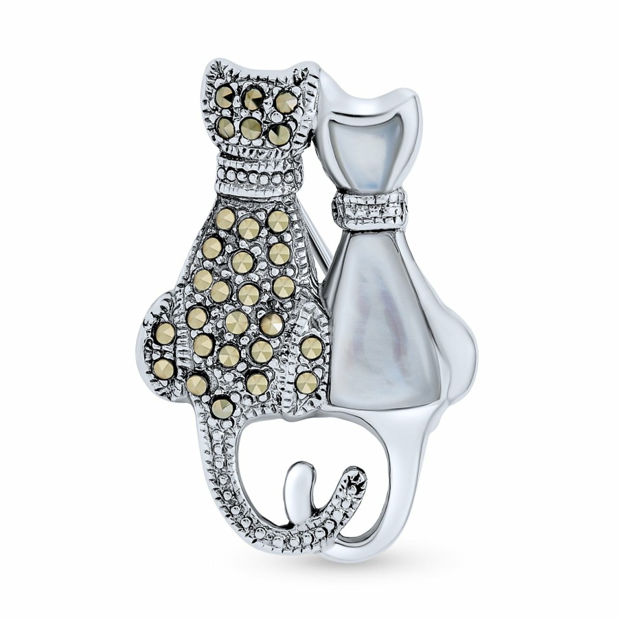 Shop Women Bling Jewelry | Onyx Mop Marcasite Two Cats Kitten Brooch Pin Stud Earrings