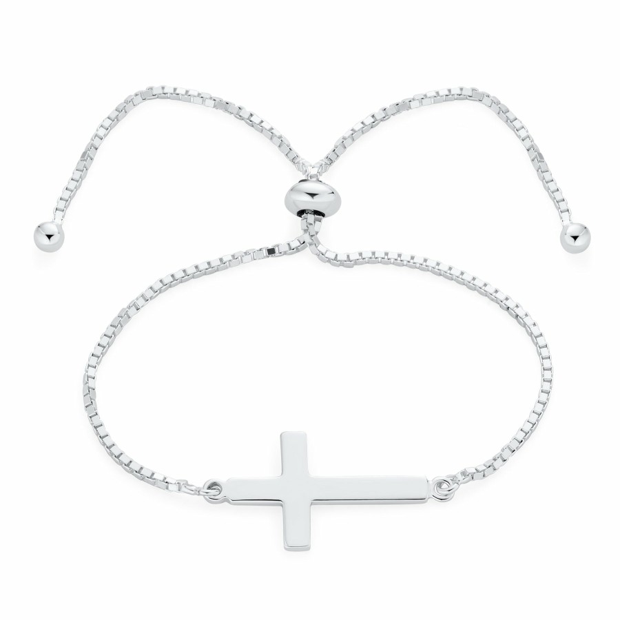 Shop Women Bling Jewelry Engravable Bracelets | Simple Religious Horizonal Sideways Cross Bracelet .925Sterling Silver