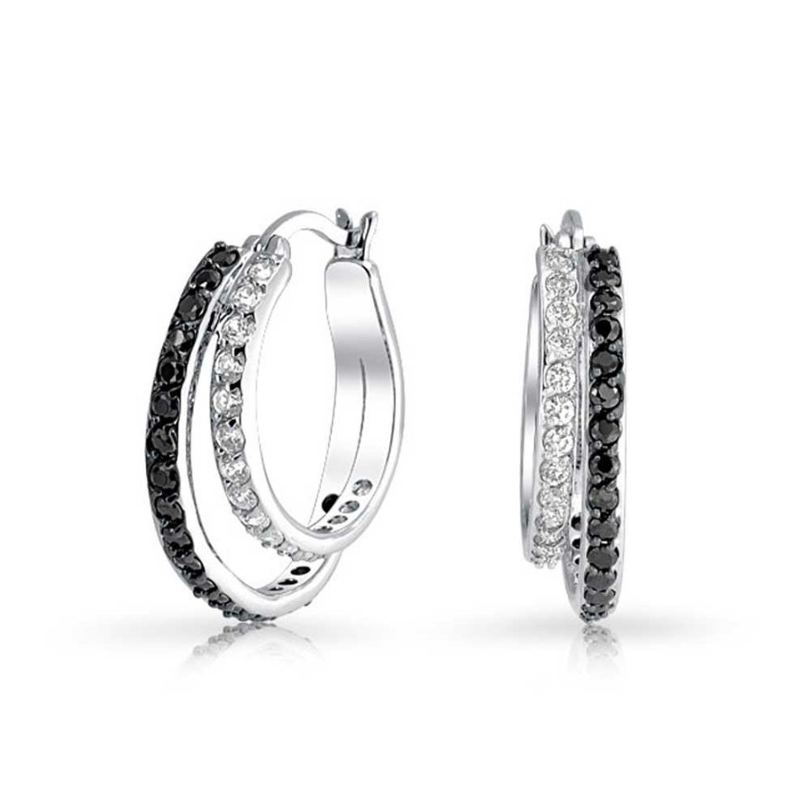 Shop Women Bling Jewelry Hoops Huggies Earrings | Black White Circle Pave Cz Prom Double Hoop Earrings Silver Plated