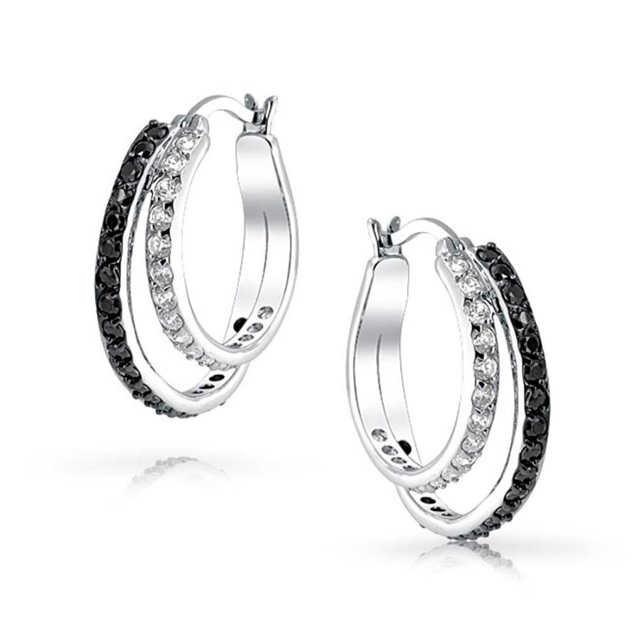 Shop Women Bling Jewelry Hoops Huggies Earrings | Black White Circle Pave Cz Prom Double Hoop Earrings Silver Plated